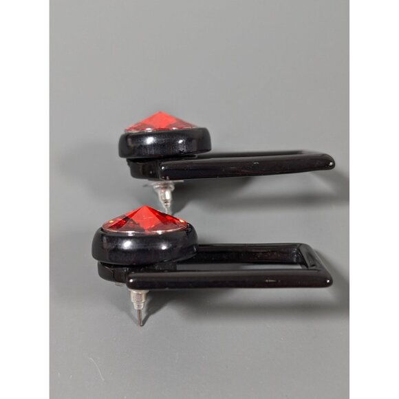 Black Red Geometric Rivoli Rhinestone Drop Earrings Statement Bold 80s - Picture 7 of 9